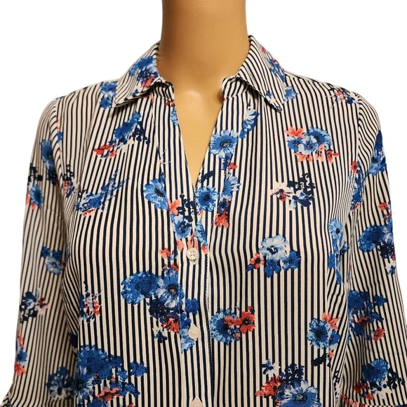 Floral Striped Blouse with Open Bell Sleeves - Picture 2 of 12